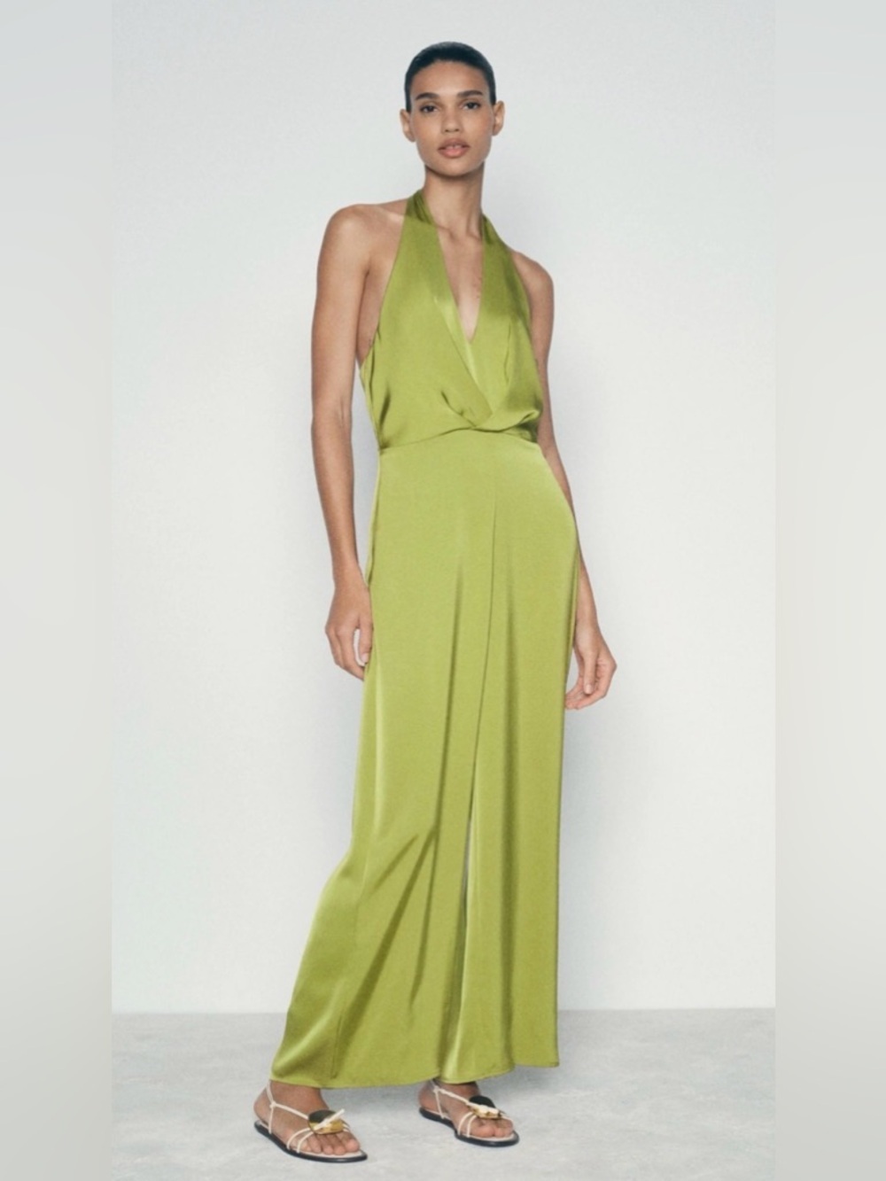 Zara Satin Halter Neck Wide Leg Jumpsuit Olive Green Size Small Blogger Favorite